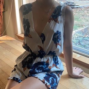 blue and white floral romper